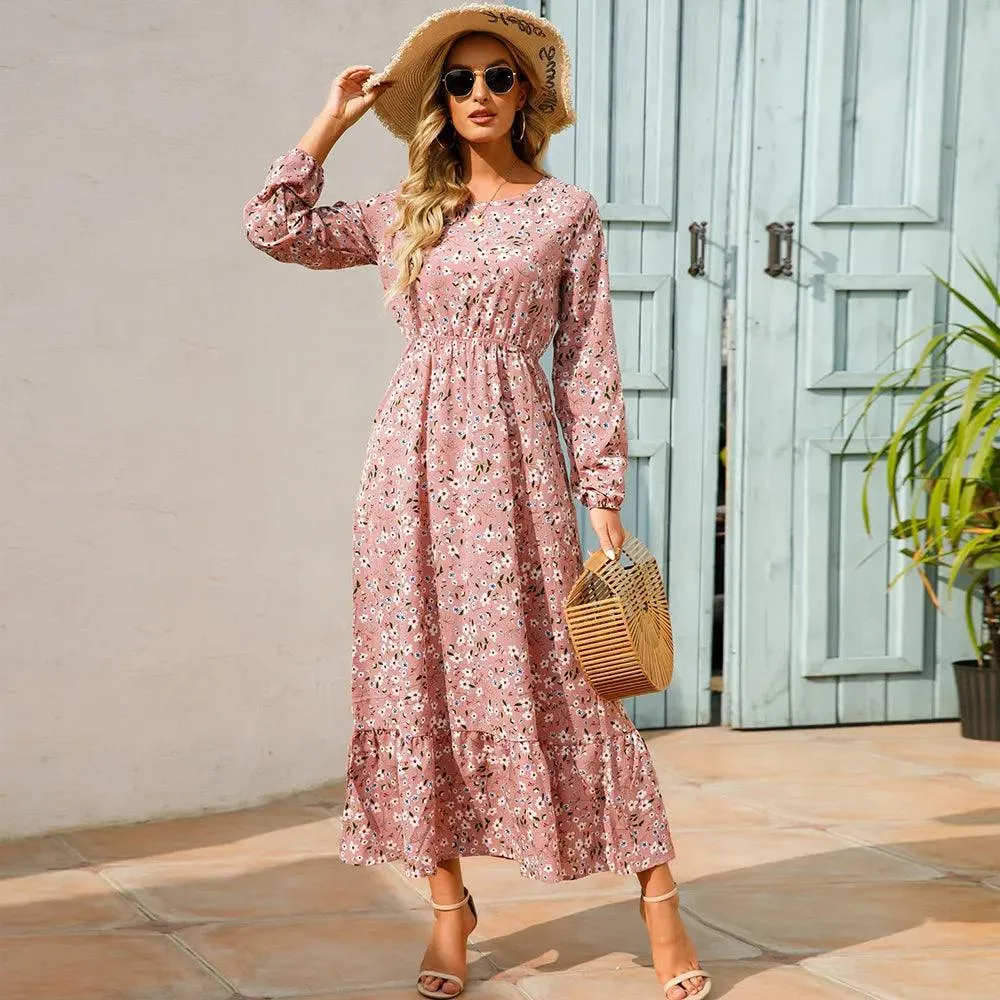 Women's Floral Printed Preppy Casual Elegant Dress | Long Sleeves Ruffle Flowy Soft Temperament