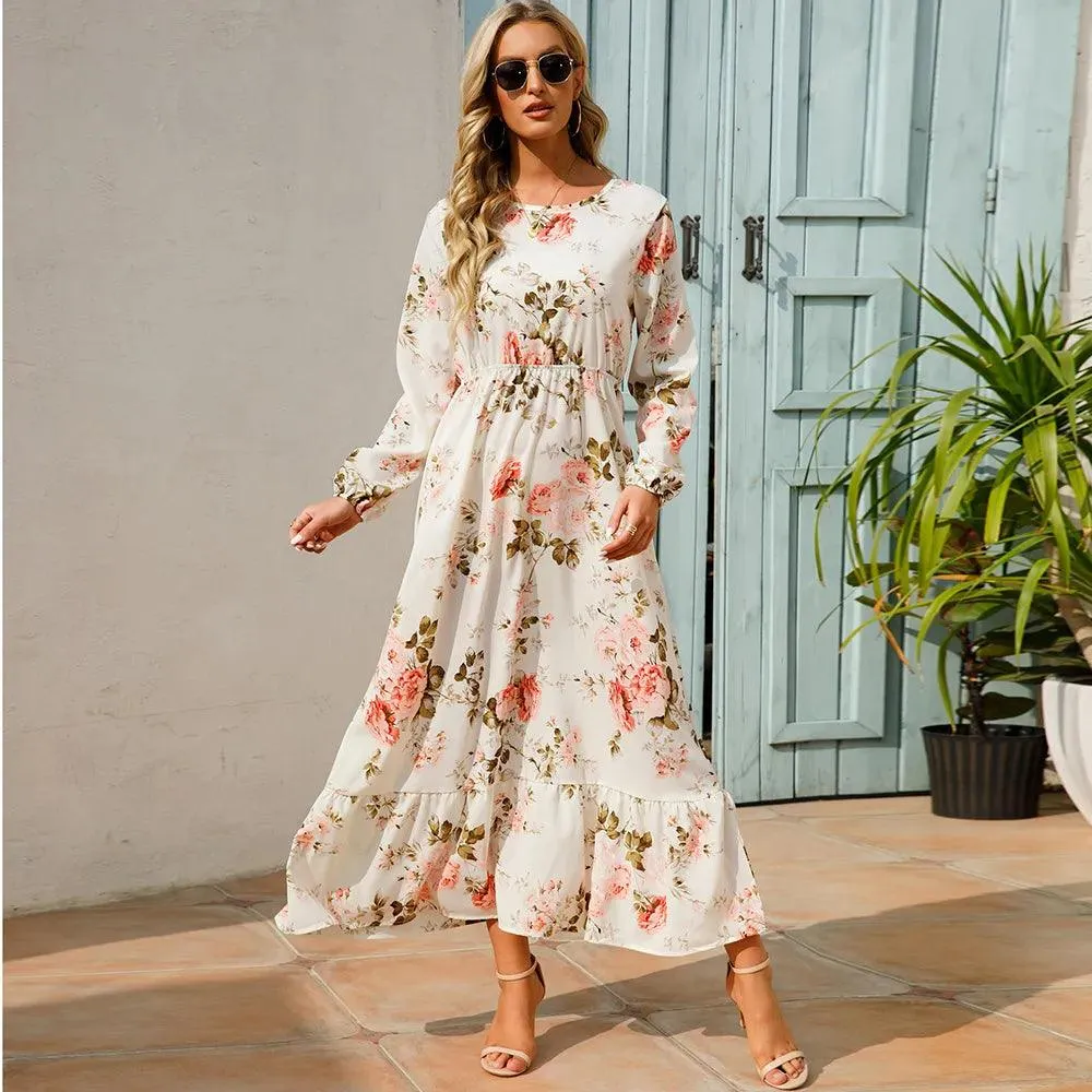 Women's Floral Printed Preppy Casual Elegant Dress | Long Sleeves Ruffle Flowy Soft Temperament