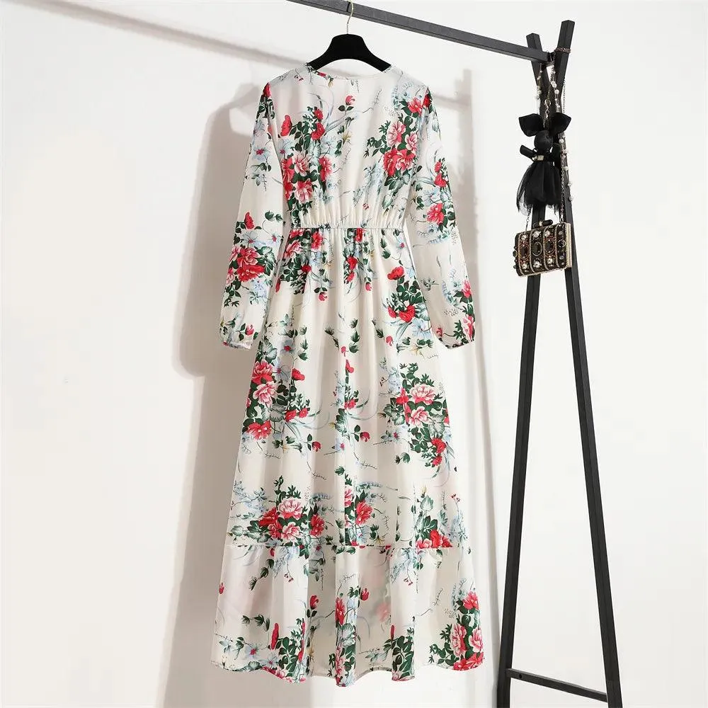 Women's Floral Printed Preppy Casual Elegant Dress | Long Sleeves Ruffle Flowy Soft Temperament