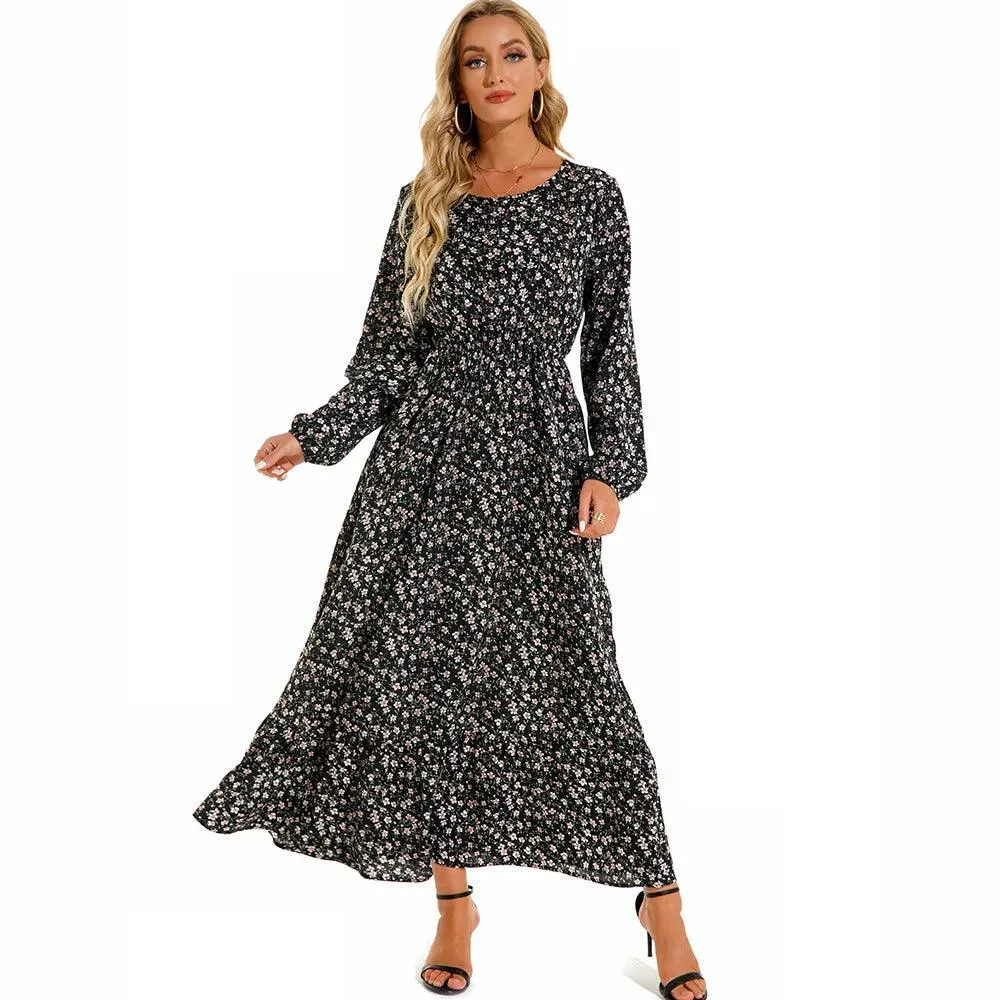 Women's Floral Printed Preppy Casual Elegant Dress | Long Sleeves Ruffle Flowy Soft Temperament