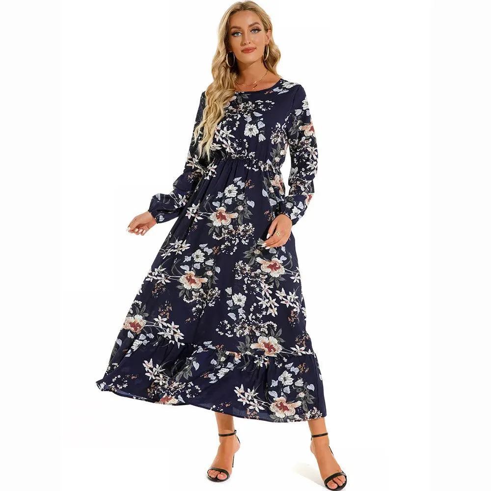 Women's Floral Printed Preppy Casual Elegant Dress | Long Sleeves Ruffle Flowy Soft Temperament