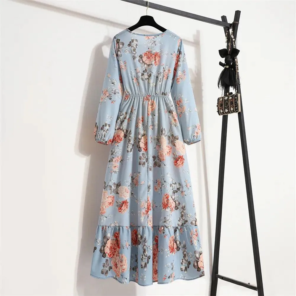 Women's Floral Printed Preppy Casual Elegant Dress | Long Sleeves Ruffle Flowy Soft Temperament