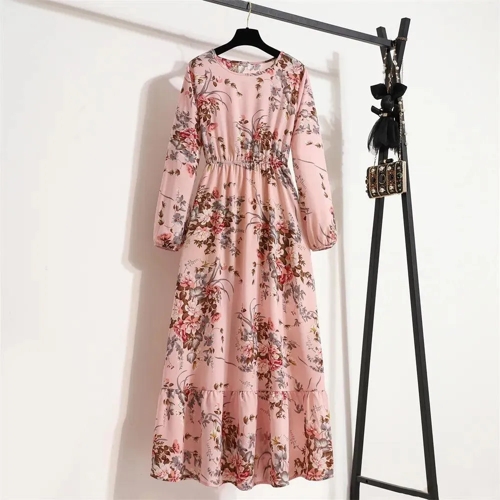 Women's Floral Printed Preppy Casual Elegant Dress | Long Sleeves Ruffle Flowy Soft Temperament