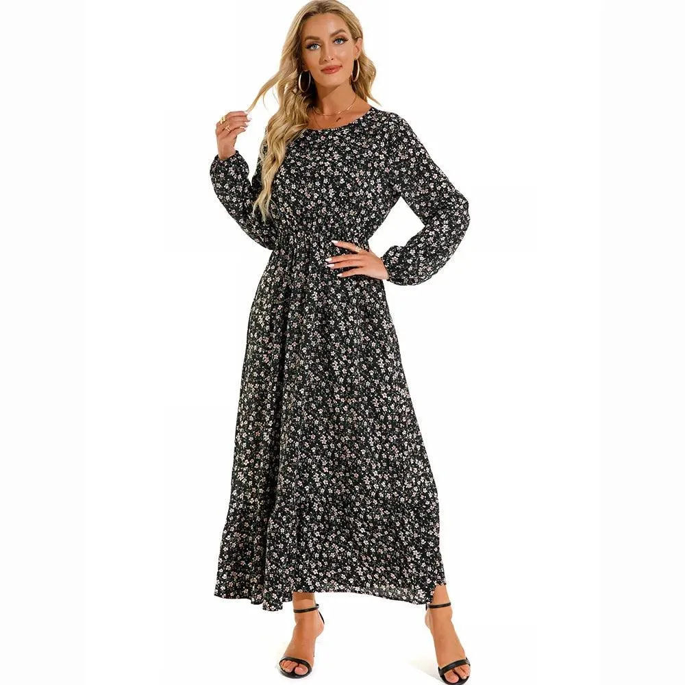 Women's Floral Printed Preppy Casual Elegant Dress | Long Sleeves Ruffle Flowy Soft Temperament