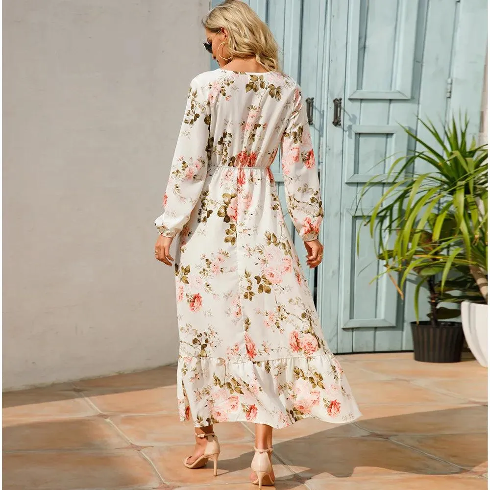 Women's Floral Printed Preppy Casual Elegant Dress | Long Sleeves Ruffle Flowy Soft Temperament