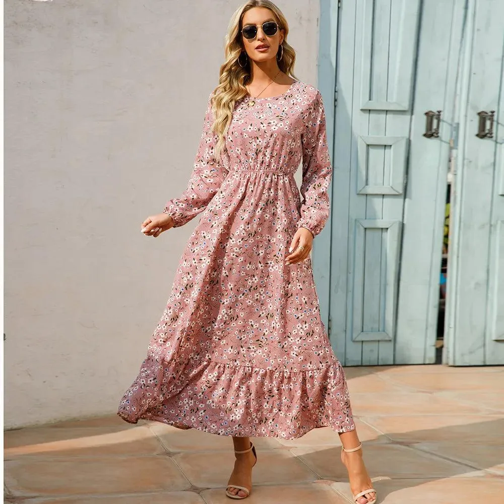 Women's Floral Printed Preppy Casual Elegant Dress | Long Sleeves Ruffle Flowy Soft Temperament