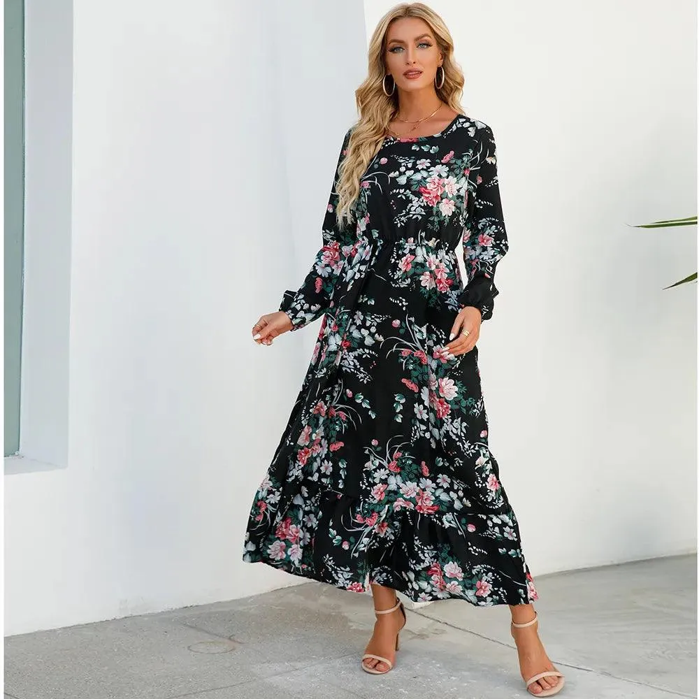 Women's Floral Printed Preppy Casual Elegant Dress | Long Sleeves Ruffle Flowy Soft Temperament