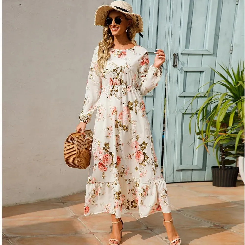 Women's Floral Printed Preppy Casual Elegant Dress | Long Sleeves Ruffle Flowy Soft Temperament