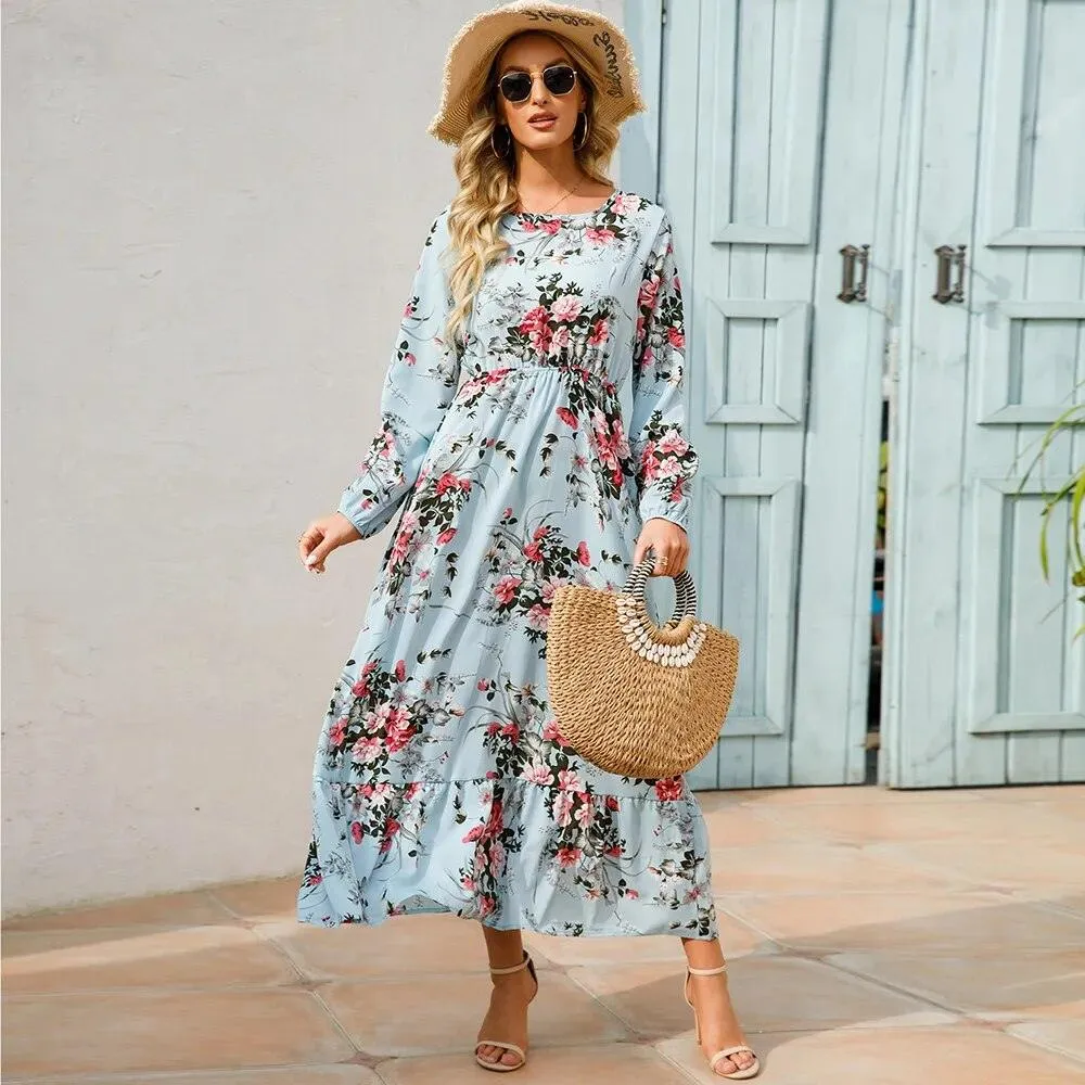 Women's Floral Printed Preppy Casual Elegant Dress | Long Sleeves Ruffle Flowy Soft Temperament