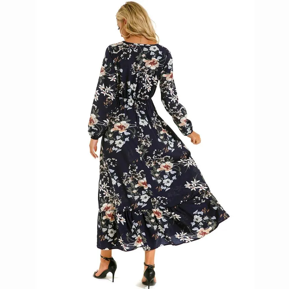 Women's Floral Printed Preppy Casual Elegant Dress | Long Sleeves Ruffle Flowy Soft Temperament