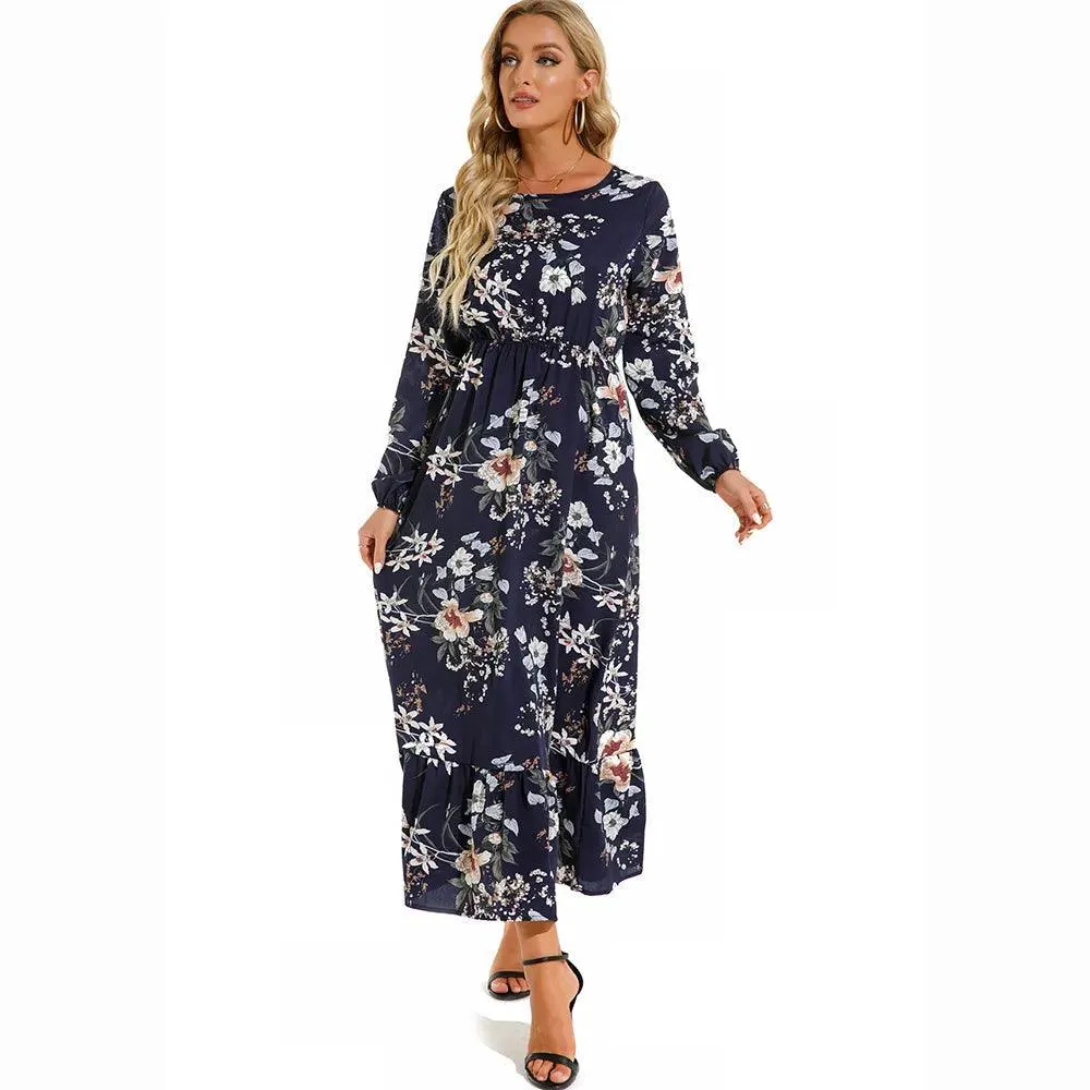 Women's Floral Printed Preppy Casual Elegant Dress | Long Sleeves Ruffle Flowy Soft Temperament