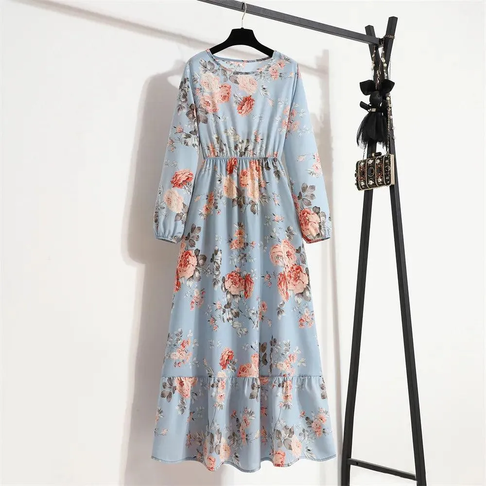 Women's Floral Printed Preppy Casual Elegant Dress | Long Sleeves Ruffle Flowy Soft Temperament