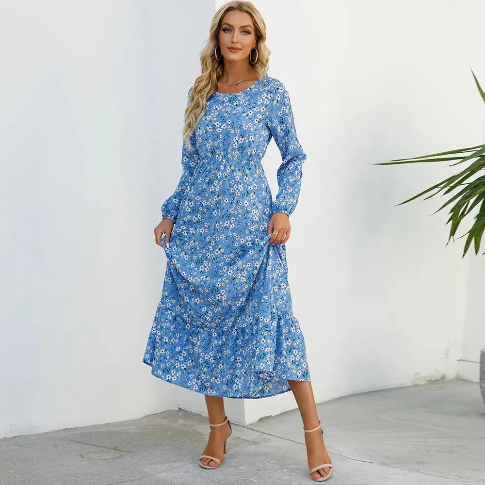 Women's Floral Printed Preppy Casual Elegant Dress | Long Sleeves Ruffle Flowy Soft Temperament