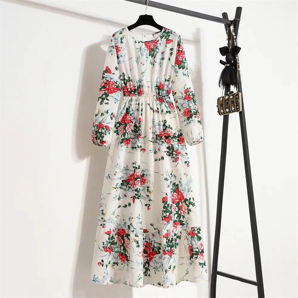 Women's Floral Printed Preppy Casual Elegant Dress | Long Sleeves Ruffle Flowy Soft Temperament