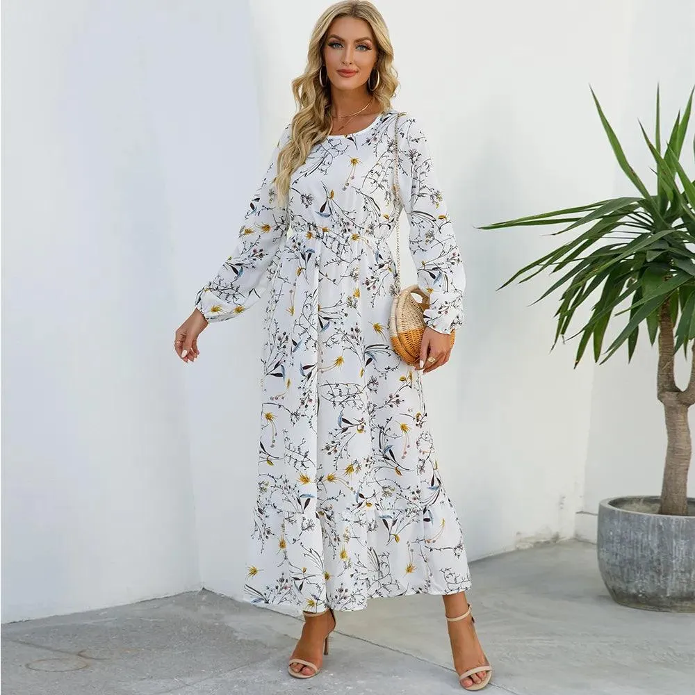 Women's Floral Printed Preppy Casual Elegant Dress | Long Sleeves Ruffle Flowy Soft Temperament