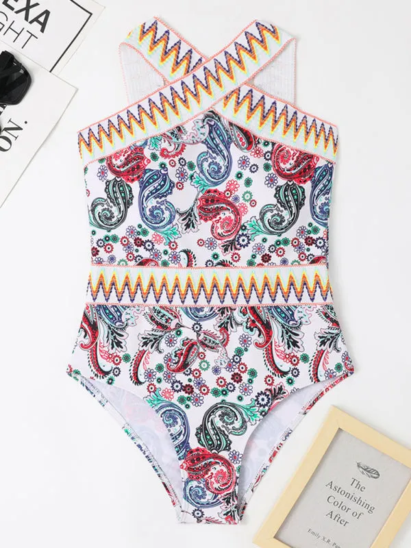 Women's Sexy Peris Print Cross Neck One Piece Swimsuit