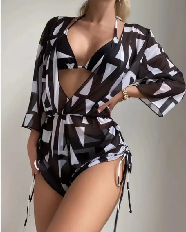 Women's Tropical Print Bikini Deep V-neck Long Sleeve Three Pieces Set