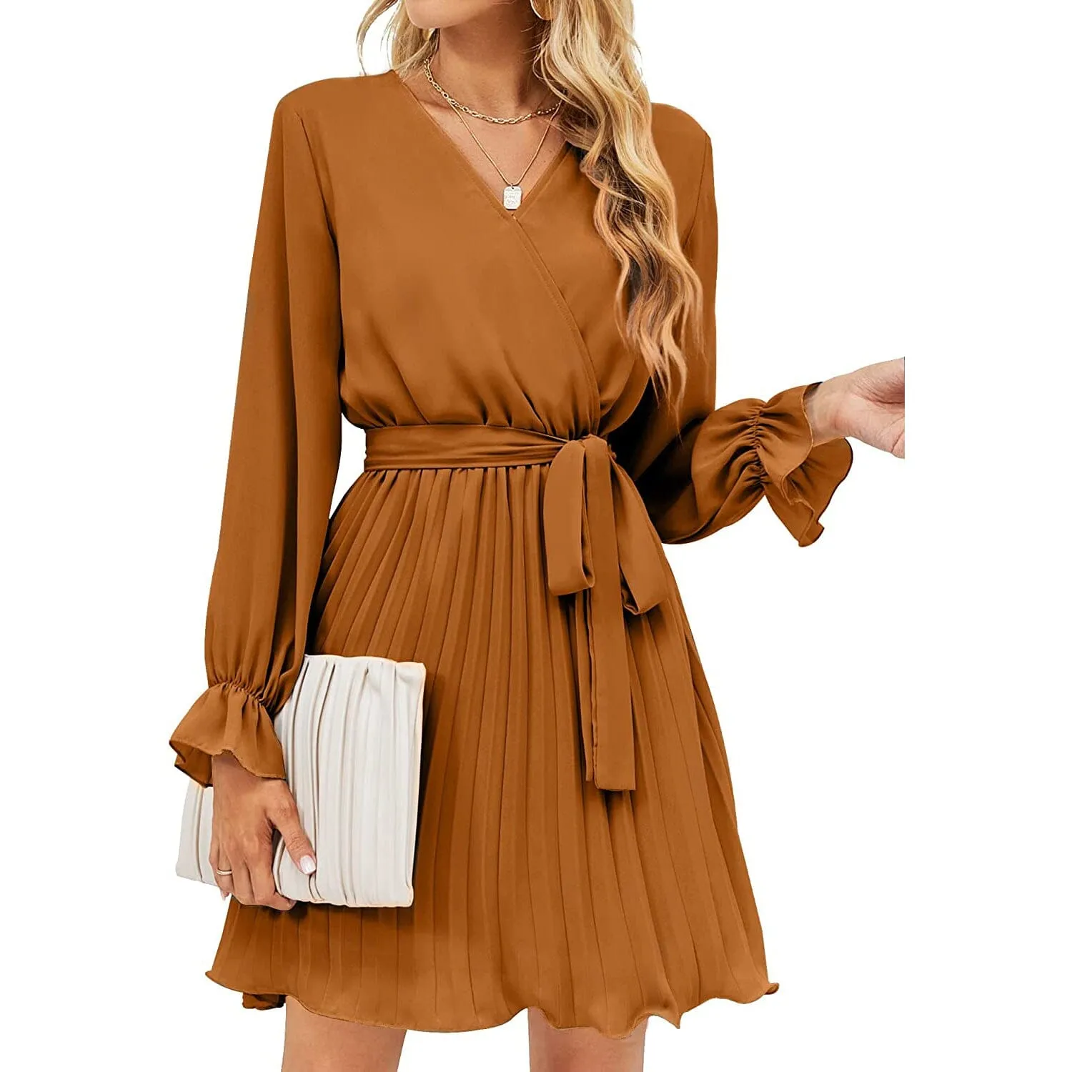 Womens Wrap V Neck Pleated Long Sleeve Mini Dresses