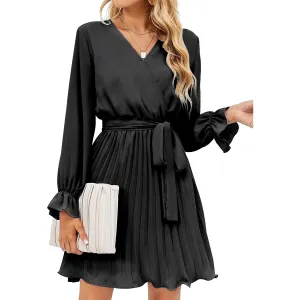 Womens Wrap V Neck Pleated Long Sleeve Mini Dresses