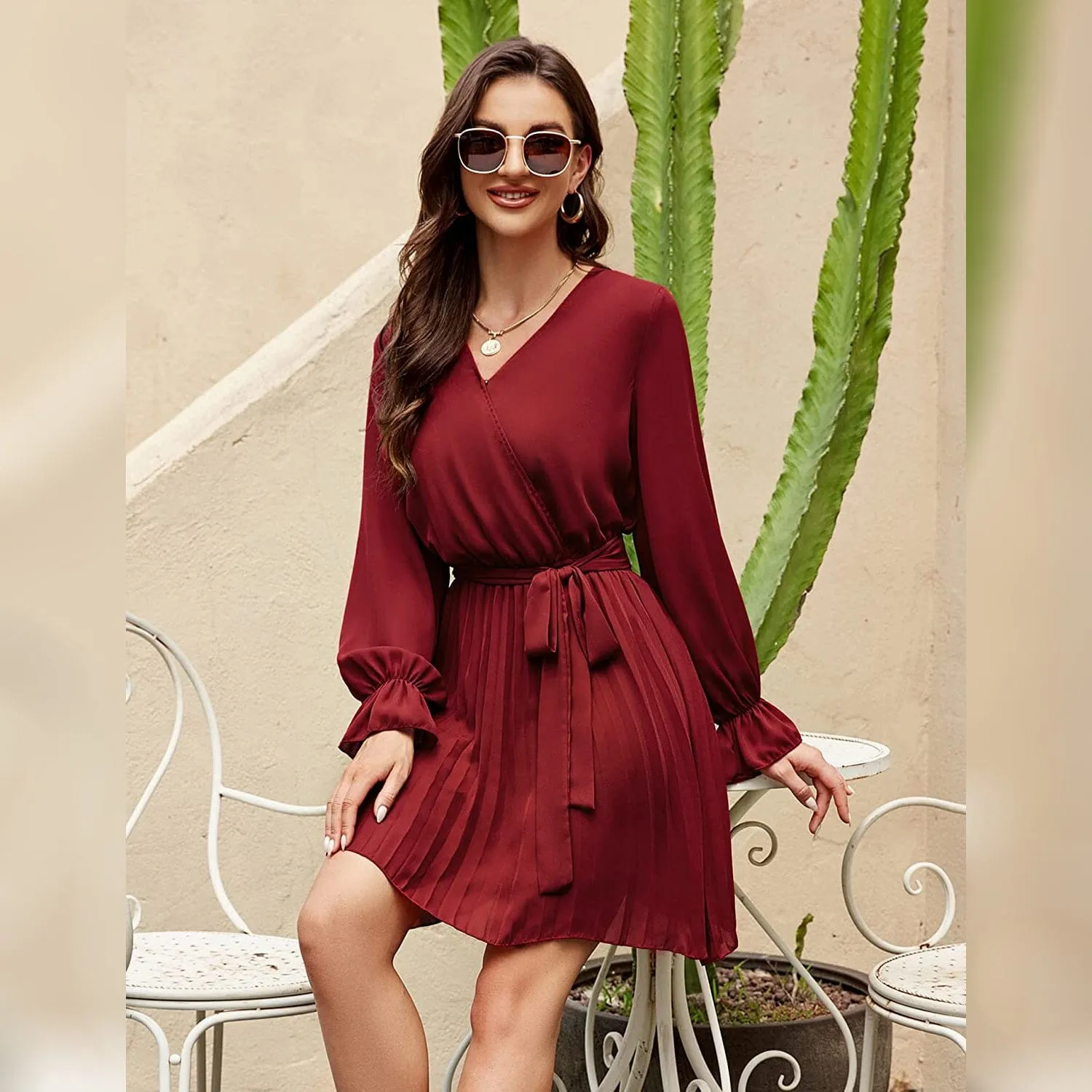 Womens Wrap V Neck Pleated Long Sleeve Mini Dresses