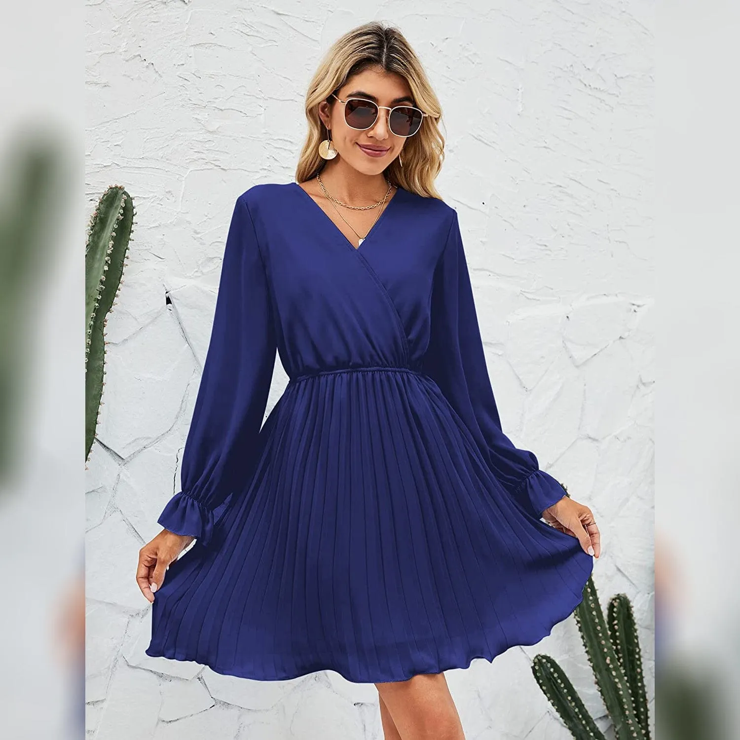 Womens Wrap V Neck Pleated Long Sleeve Mini Dresses