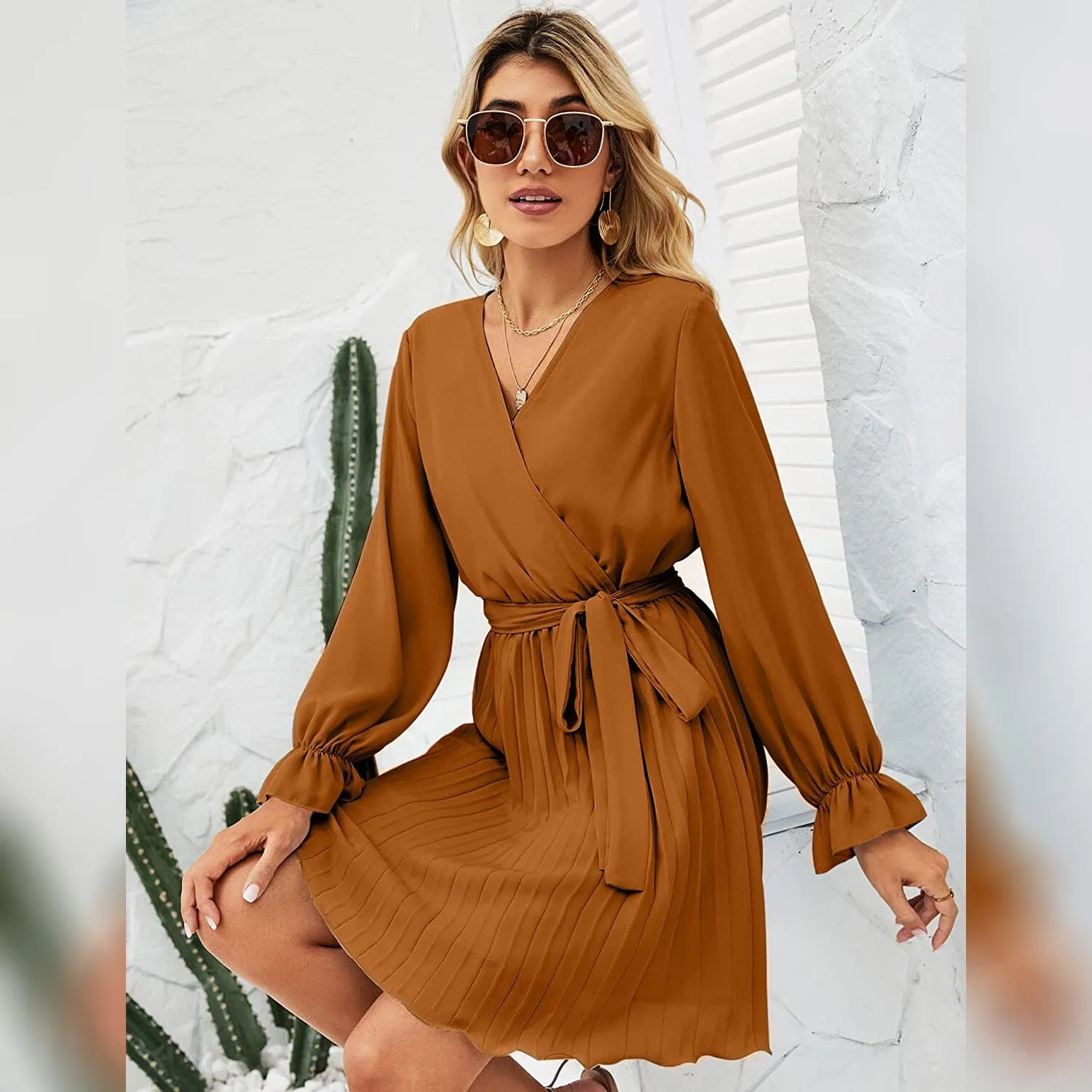 Womens Wrap V Neck Pleated Long Sleeve Mini Dresses