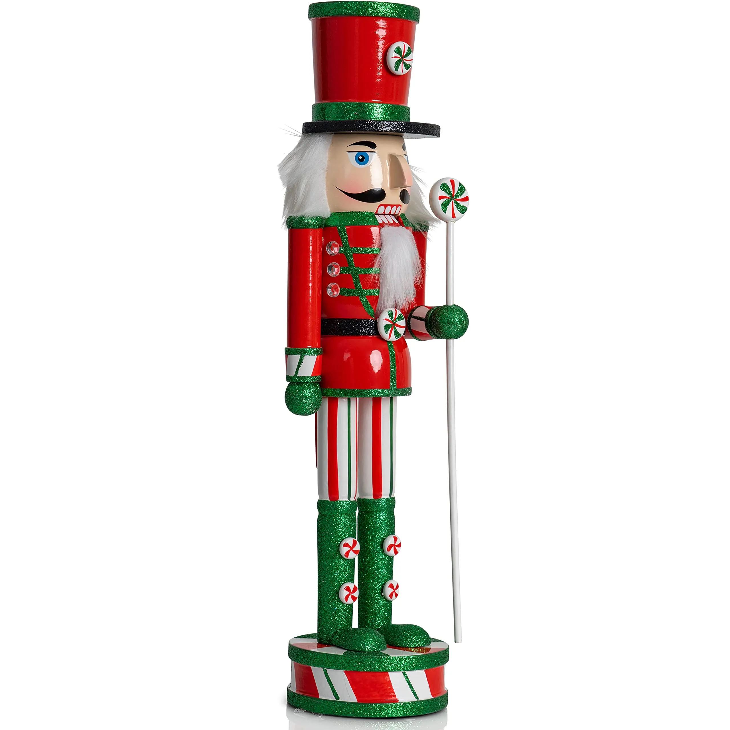 Wooden Peppermint Christmas Nutcracker - Red, White and Green Glitter Candy Themed Holiday Nut Cracker Doll Figure Toy Soldier Decorations