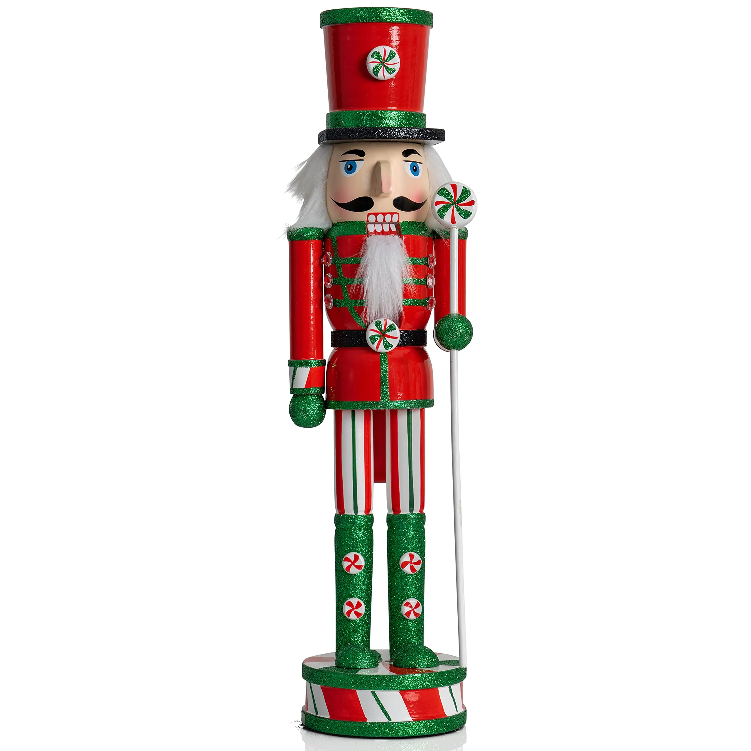 Wooden Peppermint Christmas Nutcracker - Red, White and Green Glitter Candy Themed Holiday Nut Cracker Doll Figure Toy Soldier Decorations